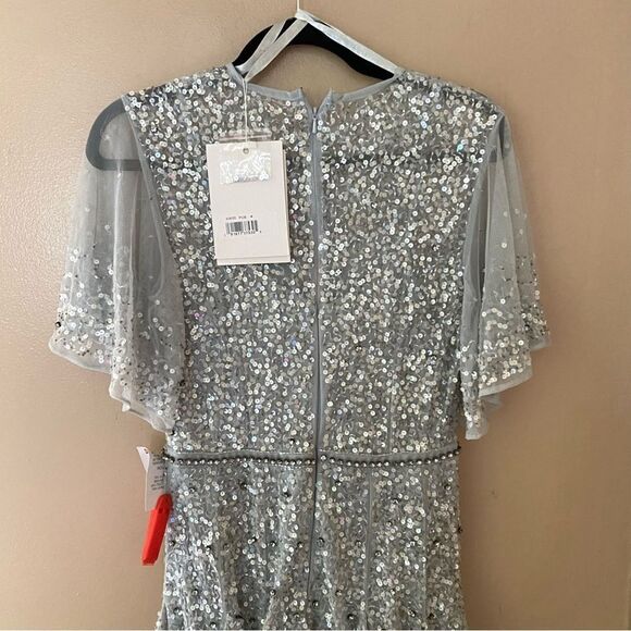 Mac Duggal #93655 Cape Sleeve Beaded Tea Length Dress blue Sz 4 NWT $598 - Picture 13 of 16